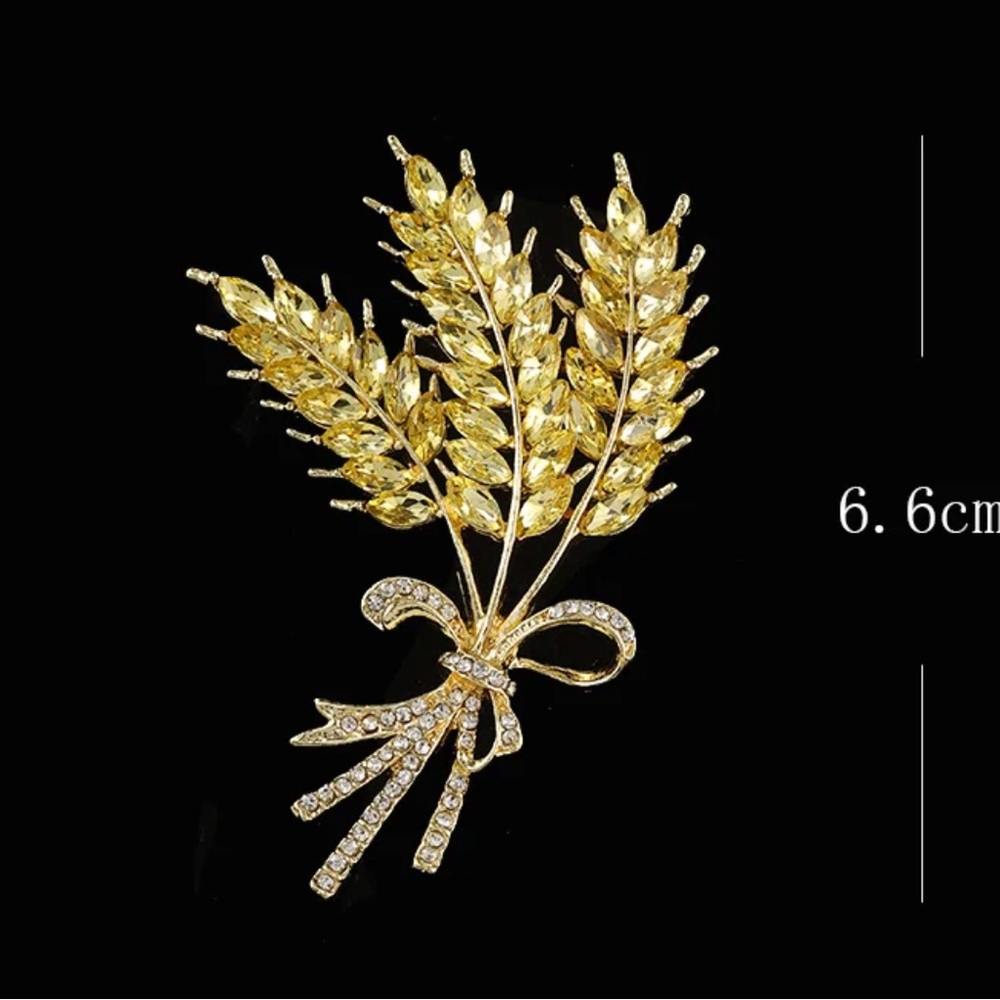 Gold Wheat Brooch with Rhinestones